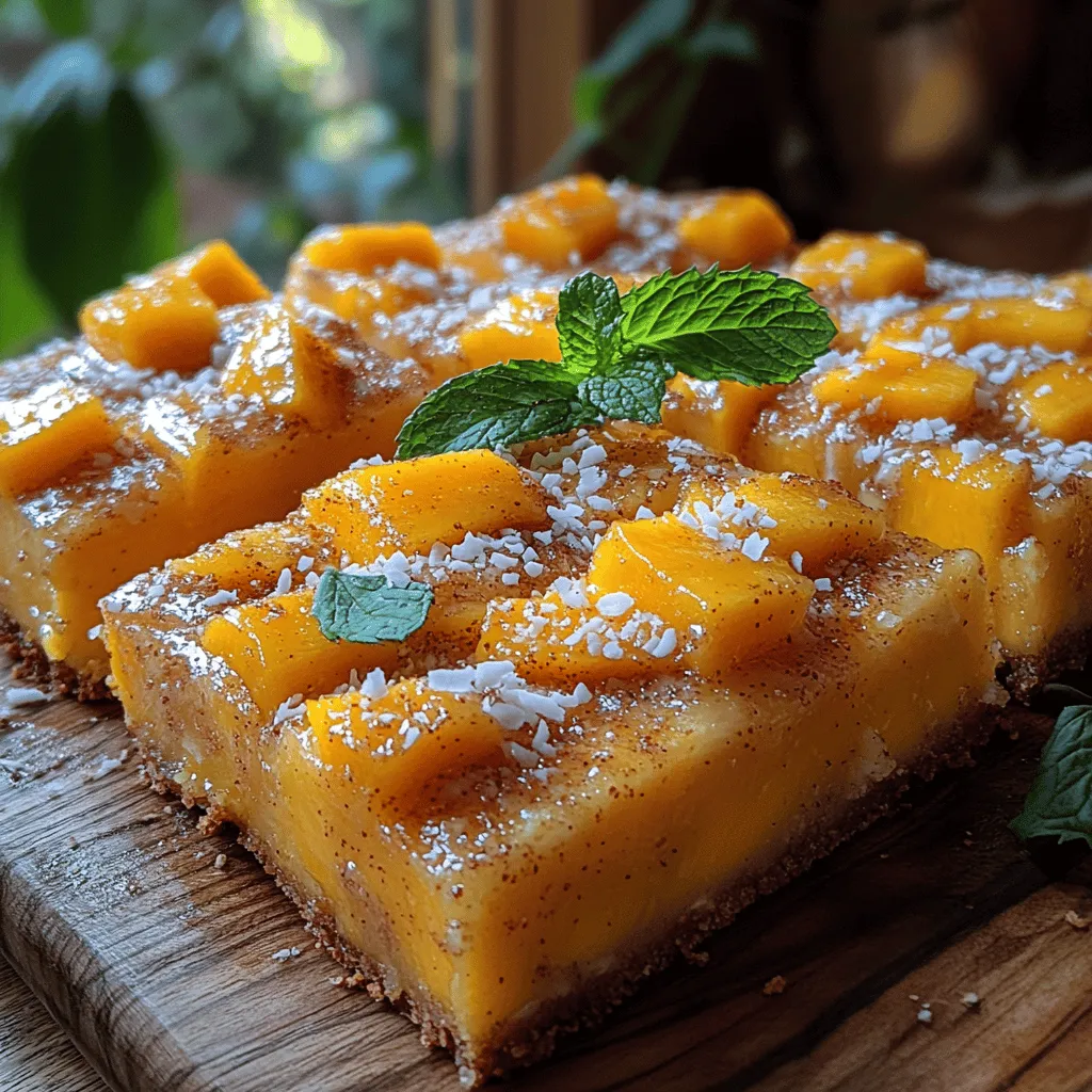 <strong>Introduction</strong>” /></p>
</p>
<p>Creating the perfect Zesty Tropical Mango Spice Bars requires a careful approach to each step of the recipe. In this section, we will delve into the essential techniques and tips that will elevate your baking experience and ensure that your bars come out not just delicious, but also visually appealing.</p>
</p>
<h2>Preheating the Oven</h2>
</p>
<p>The first step in any baking recipe, including our Zesty Tropical Mango Spice Bars, is preheating the oven. This initial step is critical for several reasons:</p>
</p>
<p>1. <strong>Even Baking</strong>: Preheating ensures that the batter begins cooking at the right temperature from the moment it enters the oven. This is especially important for achieving the desired texture and rise in baked goods.</p>
</p>
<p>2. <strong>Time Efficiency</strong>: While you prepare your ingredients, the oven can reach the required temperature, saving you time and ensuring that your bars bake uniformly.</p>
</p>
<p>Preheat your oven to 350°F (175°C) before you start mixing your ingredients, allowing it to stabilize at the right temperature for optimal baking results.</p>
</p>
<h2>Preparing the Mangoes</h2>
</p>
<p>Mangoes are the star of this recipe, so it’s essential to prepare them correctly to achieve the right consistency. Here’s how:</p>
</p>
<p>1. <strong>Choosing the Right Mango</strong>: Select ripe, soft mangoes for the best flavor and texture. They should give slightly when pressed and emit a sweet aroma.</p>
</p>
<p>2. <strong>Peeling and Chopping</strong>: Use a sharp knife to peel the mango, then cut the flesh away from the pit. Dice the mango into small, uniform pieces to ensure even distribution in the batter.</p>
</p>
<p>3. <strong>Mashing</strong>: For the best texture, lightly mash the diced mango with a fork until it reaches a chunky puree consistency. This allows the natural juices to mix seamlessly into the batter, enhancing moisture and flavor.</p>
</p>
<h2>Mixing Dry Ingredients</h2>
</p>
<p>Properly measuring and combining your dry ingredients is key to achieving a balanced flavor profile in your bars. Follow these tips:</p>
</p>
<p>1. <strong>Accurate Measurement</strong>: Use dry measuring cups for ingredients like flour and sugar. Spoon the flour into the measuring cup, then level it off with a knife to avoid packing it down, which can lead to dense bars.</p>
</p>
<p>2. <strong>Sifting</strong>: For an extra light texture, consider sifting the flour and any dry spices (like baking powder and cayenne pepper) together. This not only combines them but also aerates the mixture, which is especially helpful for achieving a fluffy texture in the final product.</p>
</p>
<p>3. <strong>Mixing</strong>: In a large bowl, combine the flour, sugar, baking powder, cayenne pepper, and any other spices you may be using. Whisk until well blended to ensure even distribution of flavors.</p>
</p>
<h2>Combining Wet Ingredients</h2>
</p>
<p>The wet ingredients are crucial as they bring moisture and richness to the bars. Here’s how to combine them effectively:</p>
</p>
<p>1. <strong>Smooth Integration</strong>: In a separate bowl, whisk together the mashed mango, eggs, melted coconut oil (or butter), and vanilla extract. Whisk until the mixture is smooth and homogenous.</p>
</p>
<p>2. <strong>Temperature Check</strong>: If using melted coconut oil, ensure that it has cooled slightly before adding the eggs to prevent them from scrambling.</p>
</p>
<p>3. <strong>Combining</strong>: Gradually pour the wet mixture into the dry ingredients, stirring gently until just combined. This step is vital for maintaining the right texture; overmixing can lead to tough bars.</p>
</p>
<h2>Incorporating Ingredients</h2>
</p>
<p>Now that you have your wet and dry ingredients mixed, it’s time to combine them carefully:</p>
</p>
<p>1. <strong>Folding Technique</strong>: Use a spatula to fold the wet ingredients into the dry ingredients. Gently cut through the mixture, turning it over and folding it until there are no dry streaks. This method preserves the air bubbles created during mixing, resulting in light and tender bars.</p>
</p>
<p>2. <strong>Adding Extras</strong>: If you are incorporating shredded coconut or nuts, fold them in at this stage, ensuring they are evenly distributed without overmixing.</p>
</p>
<h2>Baking Process</h2>
</p>
<p>Baking is where the magic happens, transforming your batter into mouthwatering bars. Here’s what to keep in mind:</p>
</p>
<p>1. <strong>Baking Time</strong>: Pour the batter into a greased or lined 9×9-inch baking pan, smoothing the top with a spatula. Bake in the preheated oven for about 25-30 minutes.</p>
</p>
<p>2. <strong>Signs of Doneness</strong>: Check for doneness by inserting a toothpick into the center of the bars. If it comes out clean or with a few moist crumbs, the bars are ready. Keep in mind that they will continue to cook slightly while cooling.</p>
</p>
<h2>Cooling and Cutting</h2>
</p>
<p>Once your bars are baked to perfection, cooling them properly is crucial for achieving neat squares or rectangles:</p>
</p>
<p>1. <strong>Cooling</strong>: Remove the baking pan from the oven and allow the bars to cool in the pan for about 10-15 minutes. This helps them set and makes cutting easier.</p>
</p>
<p>2. <strong>Cutting</strong>: Using a sharp knife, cut the bars into squares or rectangles while they are still slightly warm. This prevents them from breaking apart or crumbling.</p>
</p>
<h2>Garnishing</h2>
</p>
<p>Presentation can elevate your dessert from simple to spectacular. Consider these garnishing suggestions:</p>
</p>
<p>1. <strong>Coconut Flakes</strong>: Sprinkle toasted coconut flakes on top of the bars for added texture and flavor.</p>
</p>
<p>2. <strong>Fresh Mango Slices</strong>: Garnish with thin slices of fresh mango or a mango compote drizzled over the bars for a vibrant touch.</p>
</p>
<p>3. <strong>Dusting</strong>: A light dusting of powdered sugar can add an elegant finish, making your bars visually appealing for any occasion.</p>
</p>
<h2>Flavor Profile Exploration</h2>
</p>
<p>The flavor profile of Zesty Tropical Mango Spice Bars is a delightful balance that surprises and satisfies:</p>
</p>
<p>1. <strong>Sweetness and Heat</strong>: The natural sweetness of the ripe mango balances beautifully with the spicy kick from cayenne pepper. This unexpected heat provides a delightful contrast that keeps every bite interesting.</p>
</p>
<p>2. <strong>Spice Enhancement</strong>: Additional spices such as cinnamon and nutmeg can enhance the tropical essence, creating a warm, inviting flavor that dances on the palate.</p>
</p>
<p>3. <strong>Textural Contrast</strong>: The moistness from the mango combined with the slight crunch of added coconut makes each bite a delightful experience. This contrast enhances the overall enjoyment of the bars.</p>
</p>
<h2>Serving Suggestions</h2>
</p>
<p>These Zesty Tropical Mango Spice Bars are versatile and perfect for various occasions:</p>
</p>
<p>1. <strong>Occasion Ideas</strong>: Serve them at summer parties, barbecues, or holiday gatherings. Their tropical flair and unique flavor make them a crowd-pleaser.</p>
</p>
<p>2. <strong>Beverage Pairings</strong>: Pair these bars with refreshing drinks such as iced tea, lemonade, or tropical cocktails. The bright flavors complement each other wonderfully.</p>
</p>
<p>3. <strong>Presentation Ideas</strong>: Arrange the bars on colorful platters garnished with slices of fresh fruit or edible flowers. This not only enhances their appeal but also entices guests to indulge.</p>
</p>
<h2>Nutritional Information</h2>
</p>
<p>Understanding the nutritional benefits of the ingredients in your Zesty Tropical Mango Spice Bars can elevate your enjoyment:</p>
</p>
<p>1. <strong>Health Benefits</strong>: Mangoes are rich in vitamins A and C, providing antioxidant properties and supporting immune health. Whole grain flours can add fiber and nutrients, making these bars a healthier treat.</p>
</p>
<p>2. <strong>Healthier Adaptations</strong>: Consider using whole wheat flour instead of all-purpose flour for added fiber, or reduce the sugar to suit your dietary needs without sacrificing flavor.</p>
</p>
<h2>Conclusion</h2>
</p>
<p>The process of making Zesty Tropical Mango Spice Bars is not just about following a recipe; it’s an experience that allows you to infuse tropical flavors into your desserts, creating memorable treats for any occasion. The combination of sweet mango, warming spices, and a hint of heat makes these bars a standout dessert that is sure to impress.</p>
</p>
<p>As you venture into the world of baking these delightful bars, don’t hesitate to experiment with the ingredients and make the recipe your own. Whether it’s adjusting the spice level or adding your favorite nuts, the possibilities are endless. We encourage you to share your variations and enjoy the joy of tropical flavors in your everyday desserts!</p>
</div>