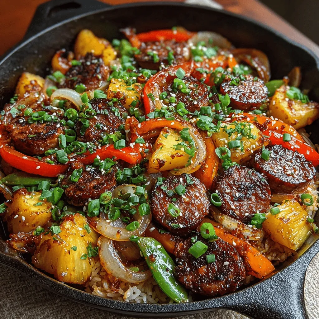 - 4 chicken sausages, sliced - 1 red bell pepper, sliced - 1 yellow bell pepper, sliced - 1 medium onion, sliced - 2 cloves garlic, minced - 1-inch piece fresh ginger, minced - 1 cup snap peas - 1 cup pineapple chunks (fresh or canned) - 2 tablespoons olive oil - 3 tablespoons soy sauce - 2 tablespoons honey - 1 tablespoon sriracha (or adjust to taste) - 1 teaspoon sesame oil - Salt and pepper to taste - Cooked rice or noodles for serving - Chopped green onions for garnish - Sesame seeds for garnish