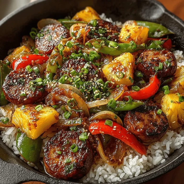 - 4 chicken sausages, sliced - 1 red bell pepper, sliced - 1 yellow bell pepper, sliced - 1 medium onion, sliced - 2 cloves garlic, minced - 1-inch piece fresh ginger, minced - 1 cup snap peas - 1 cup pineapple chunks (fresh or canned) - 2 tablespoons olive oil - 3 tablespoons soy sauce - 2 tablespoons honey - 1 tablespoon sriracha (or adjust to taste) - 1 teaspoon sesame oil - Salt and pepper to taste - Cooked rice or noodles for serving - Chopped green onions for garnish - Sesame seeds for garnish