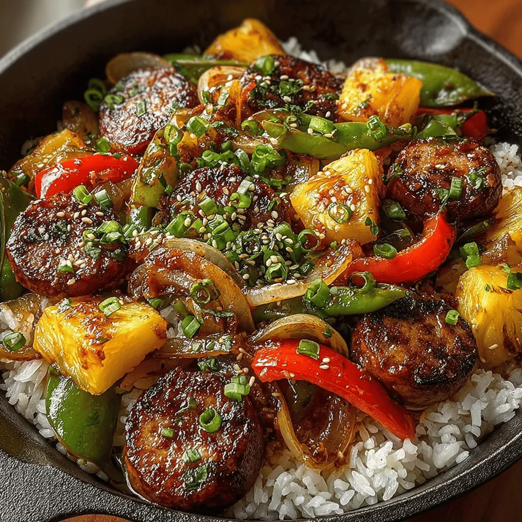 - 4 chicken sausages, sliced - 1 red bell pepper, sliced - 1 yellow bell pepper, sliced - 1 medium onion, sliced - 2 cloves garlic, minced - 1-inch piece fresh ginger, minced - 1 cup snap peas - 1 cup pineapple chunks (fresh or canned) - 2 tablespoons olive oil - 3 tablespoons soy sauce - 2 tablespoons honey - 1 tablespoon sriracha (or adjust to taste) - 1 teaspoon sesame oil - Salt and pepper to taste - Cooked rice or noodles for serving - Chopped green onions for garnish - Sesame seeds for garnish