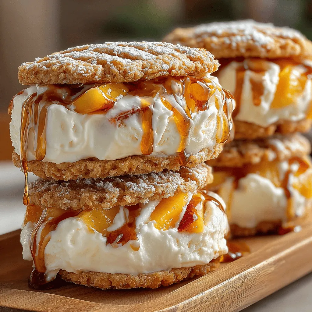 The journey to creating the perfect Frosty Peach Delight Ice Cream Sandwiches begins with proper freezing of the peach ice cream. After you’ve blended your ingredients and churned the mixture in your ice cream maker, it's vital to transfer the ice cream to a suitable container. Seal it tightly and place it in the freezer for at least 4-6 hours, or until it reaches a firm, scoopable consistency. This step is crucial because under-frozen ice cream can result in messy sandwiches that fall apart when assembled. The perfect firmness allows you to scoop neat portions that can be easily sandwiched between your cookies without spilling over.