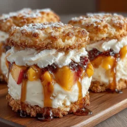 The journey to creating the perfect Frosty Peach Delight Ice Cream Sandwiches begins with proper freezing of the peach ice cream. After you’ve blended your ingredients and churned the mixture in your ice cream maker, it's vital to transfer the ice cream to a suitable container. Seal it tightly and place it in the freezer for at least 4-6 hours, or until it reaches a firm, scoopable consistency. This step is crucial because under-frozen ice cream can result in messy sandwiches that fall apart when assembled. The perfect firmness allows you to scoop neat portions that can be easily sandwiched between your cookies without spilling over.