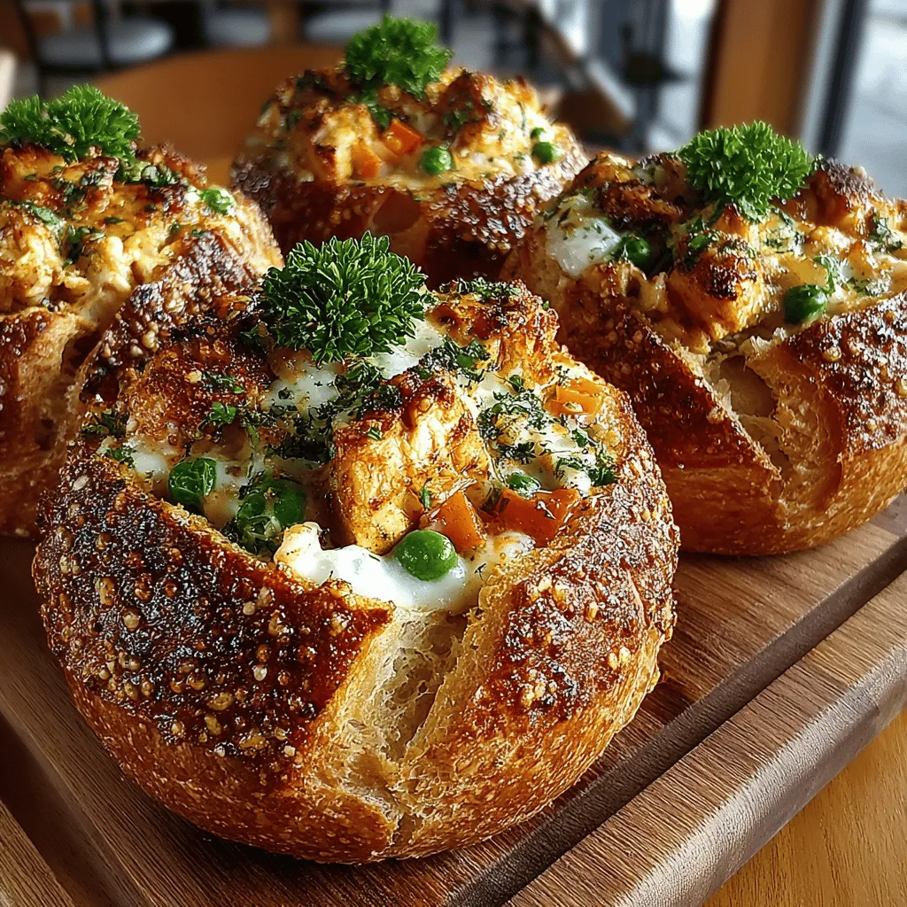 Welcome to the comforting realm of Mini Chicken Pot Pie Bread Bowls, a dish that beautifully marries nostalgia with innovation. This recipe takes the beloved classic chicken pot pie and elevates it by serving the creamy filling in delightful, edible bread bowls. Perfect for family gatherings, casual weeknight dinners, or elegant entertaining, these mini pot pies are not only delicious but also visually stunning, making them an instant hit at any table.