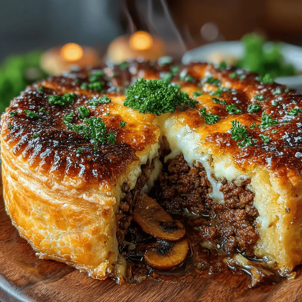 <strong>Introduction</strong>” /></p>
</p>
<h2>Preheat the Oven</h2>
</p>
<p>Before diving into the heart of the recipe, it’s essential to preheat your oven to 400°F (200°C). This step is crucial as it ensures even cooking throughout the pie, leading to a golden crust and properly cooked filling. Temperature control is not merely a suggestion but a foundational step in achieving that perfect bake. While the oven heats up, you can prepare the filling, maximizing your efficiency in the kitchen.</p>
</p>
<h2>Sautéing the Vegetables</h2>
</p>
<p>Begin by preparing your vegetables. Sautéing is a technique that not only softens the vegetables but also enhances their flavors through caramelization. Use a large skillet over medium heat, adding a tablespoon of olive oil. Once hot, toss in diced onions and minced garlic, allowing them to cook until the onions are translucent and fragrant, about 5 minutes. Follow with finely chopped mushrooms, cooking until they release their moisture and begin to brown. This step is crucial; the mushrooms add earthiness and depth to your filling. Season lightly with salt and pepper during this process to draw out moisture and flavor.</p>
</p>
<h2>Browning the Beef</h2>
</p>
<p>Next, it’s time to brown the ground beef. Add the beef to the skillet with the sautéed vegetables, breaking it apart with a wooden spoon. Browning is essential for flavor development; the Maillard reaction adds complexity to the meat. Cook until the beef is no longer pink, about 6-8 minutes. Don’t rush this step! Allow the beef to brown properly for optimal flavor, stirring occasionally to ensure even cooking.</p>
</p>
<h2>Seasoning the Mixture</h2>
</p>
<p>Once your beef is browned, it’s time to season the mixture. This is where the magic truly happens. Add a tablespoon of Worcestershire sauce, a teaspoon of dried thyme, and a sprinkle of paprika for warmth. These seasonings will balance the rich flavors of the beef and mushrooms. Taste and adjust the seasoning as necessary, adding more salt or pepper according to your preference.</p>
</p>
<h2>Thickening the Filling</h2>
</p>
<p>To achieve the perfect consistency for your filling, you’ll want to thicken it. Sprinkle a couple of tablespoons of all-purpose flour over the mixture and stir well. This will help absorb excess moisture from the beef and mushrooms, creating a hearty filling that won’t make your pie soggy. Gradually add beef broth, about 1 cup, and simmer for 5-10 minutes until the mixture thickens. The filling should be thick enough to hold its shape when spooned into a pie crust but still creamy and luscious.</p>
</p>
<h2>Preparing the Pie Crust</h2>
</p>
<p>Now that your filling is ready, it’s time to prepare the pie crust. You can opt for homemade crusts or use refrigerated pie crusts for convenience. If using refrigerated crusts, roll them out gently on a floured surface, making sure you have enough dough to cover your pie dish. Take care not to stretch the dough too much, as this can lead to cracks during baking. Once rolled out, fit the crust into your pie dish, trimming any excess dough hanging over the edges.</p>
</p>
<h2>Topping the Pie</h2>
</p>
<p>To seal your pie, spoon the mushroom and beef filling into the prepared crust. Roll out the second pie crust and lay it over the filling. Crimp the edges to seal the pie securely. For a professional finish, cut several slits in the top crust to allow steam to escape, preventing the pie from bubbling over. You can also create decorative patterns or shapes with the dough scraps to enhance the appearance.</p>
</p>
<h2>Baking the Pie</h2>
</p>
<p>With your pie assembled, it’s time to bake! Place the pie in the preheated oven and bake for 25-30 minutes or until the crust is golden brown and the filling is bubbly. Keep an eye on it during the last few minutes of baking; if the crust becomes too dark, cover the edges with foil to prevent burning. A perfectly baked Mushroom Magic Beef Pie will have a flaky crust and a rich, savory filling that beckons for a slice.</p>
</p>
<h2>Serving Suggestions</h2>
</p>
<p>Now that your pie is baked to perfection, it’s time to serve! Mushroom Magic Beef Pie can be enjoyed on its own, but pairing it with the right sides elevates the meal. Consider serving it alongside a fresh garden salad tossed with a light vinaigrette. The crispness of the salad complements the richness of the pie beautifully.</p>
</p>
<p>For a heartier meal, add roasted vegetables or creamy mashed potatoes. These sides provide a comforting balance to the robust flavors of the pie.</p>
</p>
<p>When it comes to beverages, a glass of red wine, such as a Cabernet Sauvignon or a Merlot, pairs wonderfully with the flavors of the beef and mushrooms. Alternatively, a well-crafted ale or a refreshing sparkling water can cleanse the palate between bites.</p>
</p>
<p>Presentation is key! Serve the pie on a rustic wooden board or a beautiful ceramic plate. Slice it into wedges and garnish with fresh herbs like parsley or thyme for an inviting touch.</p>
</p>
<h2>Nutritional Information</h2>
</p>
<p>Mushroom Magic Beef Pie is not just delicious; it also offers a satisfying nutritional profile. Each serving (approximately one slice) contains roughly 350 calories, with 20 grams of protein, 18 grams of fat, and 30 grams of carbohydrates. The pie is rich in essential nutrients from the beef and mushrooms, providing a good source of iron, vitamin B12, and other vital minerals.</p>
</p>
<p>In moderation, this dish can fit well into a balanced diet. When enjoying this hearty pie, consider portion sizes—pair it with nutrient-rich sides to create a wholesome meal that satisfies without overindulging.</p>
</p>
<h2>Cultural and Historical Context</h2>
</p>
<p>Meat pies have a rich history, dating back to ancient civilizations. They have been a staple in various cultures, ranging from the savory Cornish pasties of England to the rich meat pies of the French. The concept of encasing meat and vegetables in pastry reflects practical cooking methods and the desire to create hearty, portable meals.</p>
</p>
<p>Mushroom Magic Beef Pie is a modern adaptation that embraces traditional flavors while incorporating the earthiness of mushrooms. This dish pays homage to the classic meat pie while catering to contemporary tastes, making it a versatile option for both casual family dinners and festive gatherings.</p>
</p>
<h2>Conclusion</h2>
</p>
<p>Mushroom Magic Beef Pie stands out as a comforting staple in any home kitchen. With its rich filling and flaky crust, it brings warmth and joy to the dining table, making it perfect for family gatherings or cozy evenings at home.</p>
</p>
<p>By trying your hand at this recipe, you not only create a delicious meal but also partake in the timeless tradition of cooking and sharing with loved ones. Cooking is more than just a task; it’s an opportunity to express creativity and foster connections through the love of food. So gather your ingredients, don your apron, and dive into the delightful process of making this Mushroom Magic Beef Pie—you won’t regret it!</p>
</div>