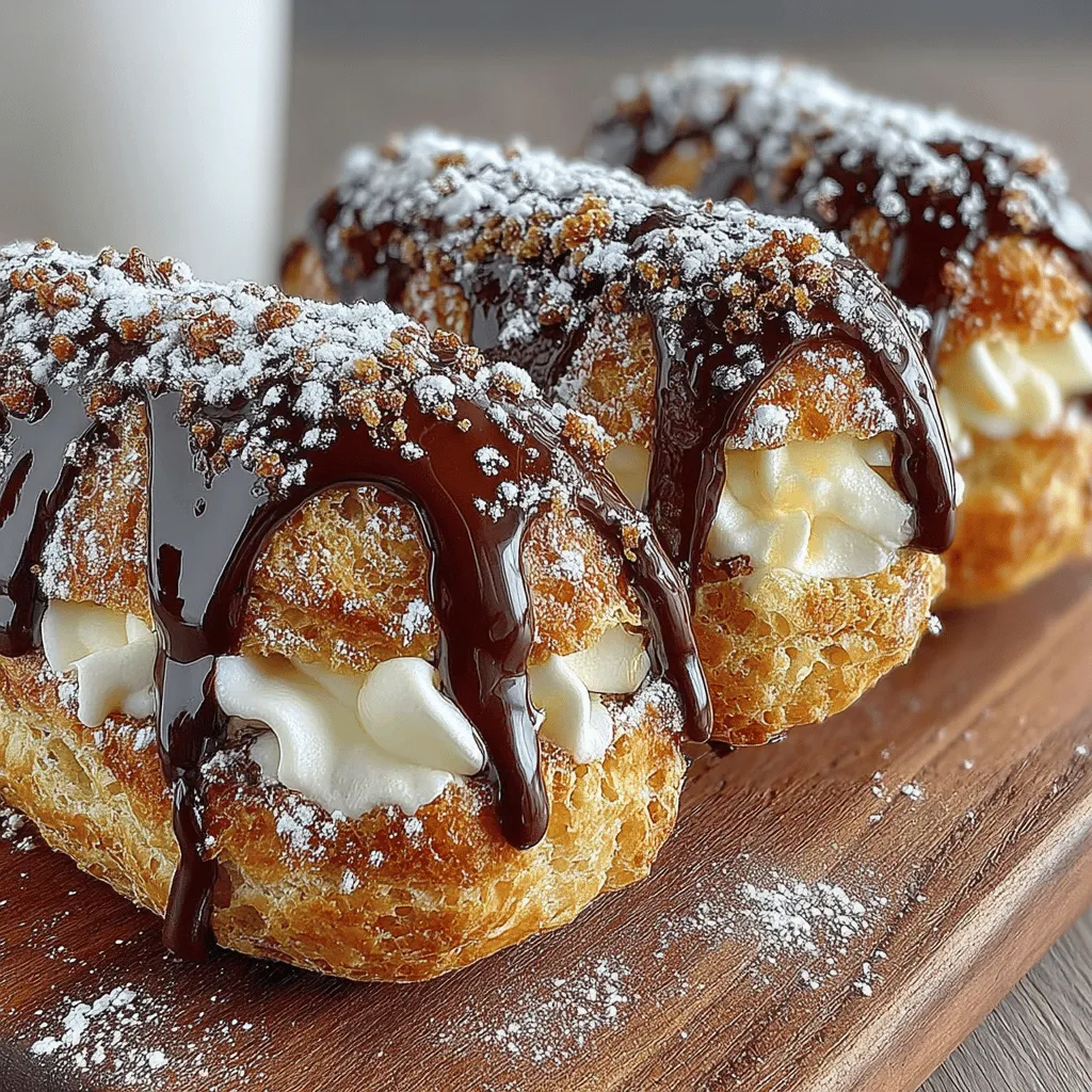 To start your chocolate eclair journey, you'll need to create a rich choux pastry. Begin by placing a medium saucepan over medium heat. Add <strong>1 cup of water</strong> and <strong>1/2 cup of unsalted butter</strong> (cut into pieces) to the pan. Stir occasionally until the butter is completely melted and the mixture reaches a gentle boil. The water should be bubbling, and the butter should not be allowed to brown, as we want a smooth and light-colored pastry.” /></p>
</p>
<h2>Detailed Instructions on Boiling Water and Butter</h2>
</p>
<p>To start your chocolate eclair journey, you’ll need to create a rich choux pastry. Begin by placing a medium saucepan over medium heat. Add <strong>1 cup of water</strong> and <strong>1/2 cup of unsalted butter</strong> (cut into pieces) to the pan. Stir occasionally until the butter is completely melted and the mixture reaches a gentle boil. The water should be bubbling, and the butter should not be allowed to brown, as we want a smooth and light-colored pastry.</p>
</p>
<h2>Techniques for Incorporating Flour and Eggs to Create the Dough</h2>
</p>
<p>Once the butter is melted, remove the saucepan from heat and immediately add <strong>1 cup of all-purpose flour</strong>. Stir vigorously with a wooden spoon or spatula until a cohesive dough forms, and it starts to pull away from the sides of the pan. This process is crucial as it helps develop the gluten in the flour, which will give your eclairs structure.</p>
</p>
<p>Next, return the saucepan to low heat for about 1-2 minutes. This step helps to dry out the dough slightly, which is essential for achieving the right texture. You’ll know it’s ready when a thin film forms on the bottom of the pan.</p>
</p>
<p>Now, transfer the dough to a mixing bowl and let it cool for about 5 minutes. Once the dough has cooled slightly, it’s time to incorporate the eggs. Add <strong>4 large eggs</strong>, one at a time, mixing well after each addition. The mixture will appear separated at first, but continue to beat until it becomes smooth and glossy. The dough should be thick enough to hold its shape but soft enough to pipe easily.</p>
</p>
<h2>Shaping and Baking the Pastry</h2>
</p>
<h3>Tips for Piping the Eclair Shapes</h3>
</p>
<p>To shape your eclairs, prepare a piping bag fitted with a large round tip (about 1/2 inch in diameter). Transfer the choux pastry dough into the piping bag. On a baking sheet lined with parchment paper, pipe the dough into long strips, approximately 4 inches long and about 1 inch wide. Aim for even pressure as you pipe to ensure uniformity. Leave some space between each eclair, as they will puff up during baking.</p>
</p>
<h3>Baking Temperature and Time Considerations for Optimal Puffiness</h3>
</p>
<p>Preheat your oven to <strong>400°F (200°C)</strong>. Once you’ve piped all your eclairs, lightly brush the tops with an egg wash made from one beaten egg mixed with a tablespoon of water. This will give your eclairs a beautiful golden color once baked. Bake the eclairs for <strong>20-25 minutes</strong>, or until they are puffed and golden brown. Avoid opening the oven door during the first 20 minutes of baking, as this can cause the eclairs to collapse. Once baked, turn off the oven and let the eclairs sit inside for an additional 10 minutes to dry out, ensuring they maintain their shape.</p>
</p>
<h2>Crafting the Pastry Cream</h2>
</p>
<h3>Step-by-Step Process for Making Smooth and Thick Pastry Cream</h3>
</p>
<p>While the eclairs are baking, you can prepare the pastry cream that will fill them. Start by combining <strong>2 cups of whole milk</strong> and <strong>1 teaspoon of vanilla extract</strong> in a saucepan. Heat this mixture over medium heat until it is just about to boil. In a separate bowl, whisk together <strong>3/4 cup of granulated sugar</strong>, <strong>1/4 cup of cornstarch</strong>, and <strong>1/4 teaspoon of salt</strong>.</p>
</p>
<p>Once the milk is heated, pour a small amount into the sugar mixture while whisking continuously to temper the eggs. This step is crucial to prevent the eggs from scrambling. Gradually add the tempered egg mixture back into the saucepan with the remaining milk, whisking constantly.</p>
</p>
<h3>Importance of Tempering Eggs and Cooking Techniques</h3>
</p>
<p>Return the saucepan to medium heat and cook the mixture, stirring constantly until it thickens and comes to a gentle boil. This should take about 5-7 minutes. Once thickened, remove the saucepan from heat and stir in <strong>4 tablespoons of unsalted butter</strong> until melted and fully incorporated. Pour the pastry cream into a bowl, cover it with plastic wrap directly on the surface (to prevent a skin from forming), and let it cool completely.</p>
</p>
<h2>Creating the Chocolate Ganache</h2>
</p>
<h3>Instructions for Achieving the Perfect Ganache Consistency</h3>
</p>
<p>For the chocolate ganache, you’ll need <strong>8 ounces of semi-sweet chocolate</strong> (finely chopped) and <strong>1 cup of heavy cream</strong>. Start by heating the cream in a saucepan over medium heat until it is just about to simmer (do not let it boil). Once heated, pour the hot cream over the chopped chocolate in a heatproof bowl. Let it sit for about 2-3 minutes to allow the chocolate to soften.</p>
</p>
<p>Using a whisk, stir the mixture gently until it becomes smooth and glossy. For a thicker ganache, allow it to cool at room temperature; for a thinner glaze, you can use it immediately.</p>
</p>
<h3>Tips for Working with Chocolate and Cream</h3>
</p>
<p>Make sure to use high-quality chocolate for the best flavor. If you want a richer ganache, you can add a tablespoon of unsalted butter to the mixture for extra sheen and creaminess.</p>
</p>
<h2>Assembling the Eclairs</h2>
</p>
<h3>Techniques for Filling and Glazing the Eclairs</h3>
</p>
<p>Once the eclairs are completely cooled, you can fill them with the pastry cream. Use a small round piping tip to create a hole in one end of each eclair. Fill the piping bag with the cooled pastry cream and pipe it into each eclair until you feel a slight resistance.</p>
</p>
<p>To finish, dip the tops of each filled eclair into the chocolate ganache, allowing any excess to drip off. For a more elegant touch, you can use a spoon to drizzle the ganache over the eclairs instead of dipping.</p>
</p>
<h3>Presentation Ideas for an Elegant Finish</h3>
</p>
<p>For an impressive presentation, consider garnishing the eclairs with chocolate shavings, a dusting of powdered sugar, or even a sprinkle of sea salt to enhance the chocolate flavor. Arrange them on a beautiful serving platter for a stunning visual impact.</p>
</p>
<h2>Serving Suggestions</h2>
</p>
<h3>Pairing Eclairs with Beverages</h3>
</p>
<p>Chocolate eclairs pair wonderfully with a variety of beverages. Consider serving them with a rich cup of coffee or espresso to complement the chocolate. Alternatively, a glass of dessert wine or a sweet dessert liqueur can elevate the experience. For a refreshing twist, serve them alongside a chilled glass of milk or a creamy vanilla milkshake.</p>
</p>
<h3>Seasonal Variations for Serving Eclairs</h3>
</p>
<p>You can also experiment with seasonal flavors by adding fruit purees or flavored creams. For a summer treat, try adding fresh berries to the pastry cream or serving the eclairs with a side of berry sauce. In the fall, infuse the pastry cream with spices like cinnamon or nutmeg for a cozy flavor profile.</p>
</p>
<h2>Storage and Shelf Life</h2>
</p>
<h3>Best Practices for Storing Eclairs</h3>
</p>
<p>To maintain the freshness of your chocolate eclairs, store them in an airtight container in the refrigerator. Be sure to keep the filled eclairs separate from the ganache if possible, as this will help prevent the pastry from becoming soggy.</p>
</p>
<h3>How Long They Can Be Kept Without Losing Quality</h3>
</p>
<p>When stored properly, chocolate eclairs can last for up to <strong>2-3 days</strong> in the refrigerator. However, for the best texture and flavor, it is recommended to enjoy them within the first day or two after assembly.</p>
</p>
<h2>Conclusion</h2>
</p>
<p>Creating decadent chocolate eclairs at home may seem daunting, but with patience and careful attention to detail, anyone can master this delightful pastry. By understanding each component and following the step-by-step guide laid out in this article, you will not only impress your guests but also indulge in a treat that is as rewarding to make as it is to eat. Embrace the art of French pastry making and enjoy the satisfaction of crafting these luxurious desserts in your own kitchen. The effort you put into making these eclairs will be well worth it when you take that first delicious bite.</p>
</div>