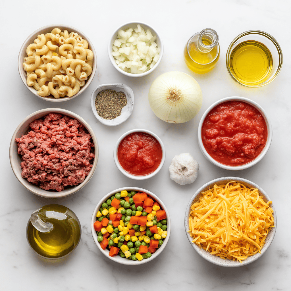 Ingredients for One-Pan Cheesy Beef Casserole for Cozy Autumn Nights